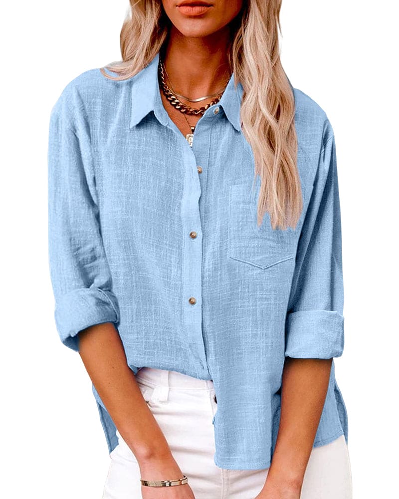 Women's Oversized Long Sleeve Shirt with Chest Pocket and Roll-Up Sleeves