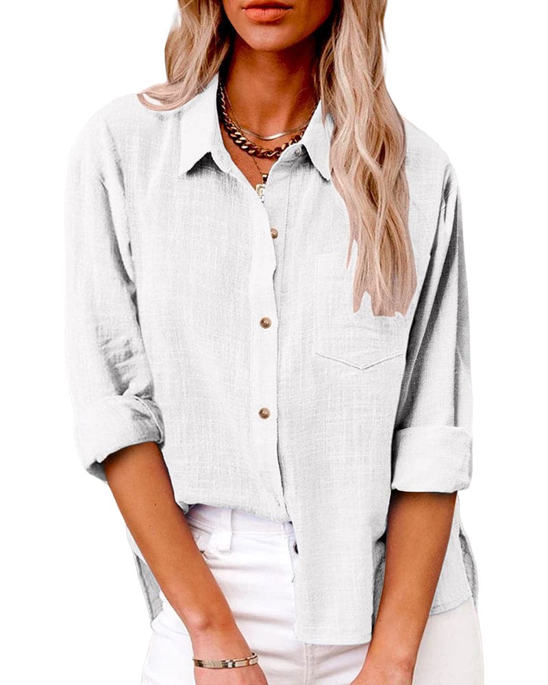 Women's Oversized Long Sleeve Shirt with Chest Pocket and Roll-Up Sleeves