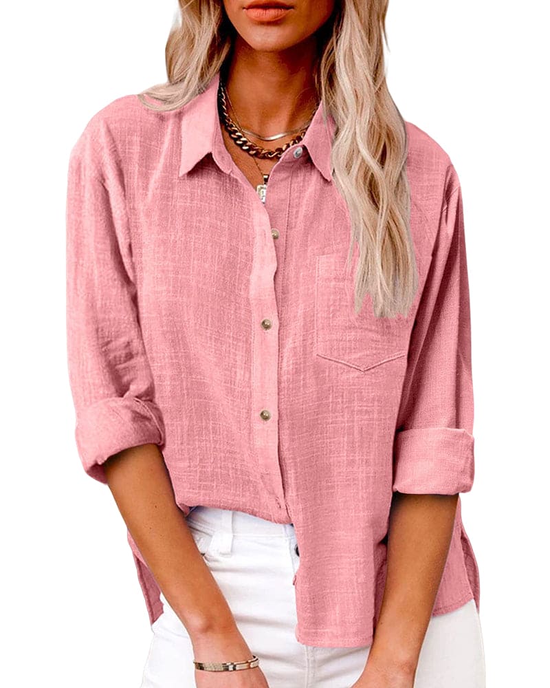 Women's Oversized Long Sleeve Shirt with Chest Pocket and Roll-Up Sleeves