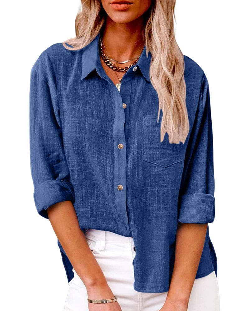 Women's Oversized Long Sleeve Shirt with Chest Pocket and Roll-Up Sleeves