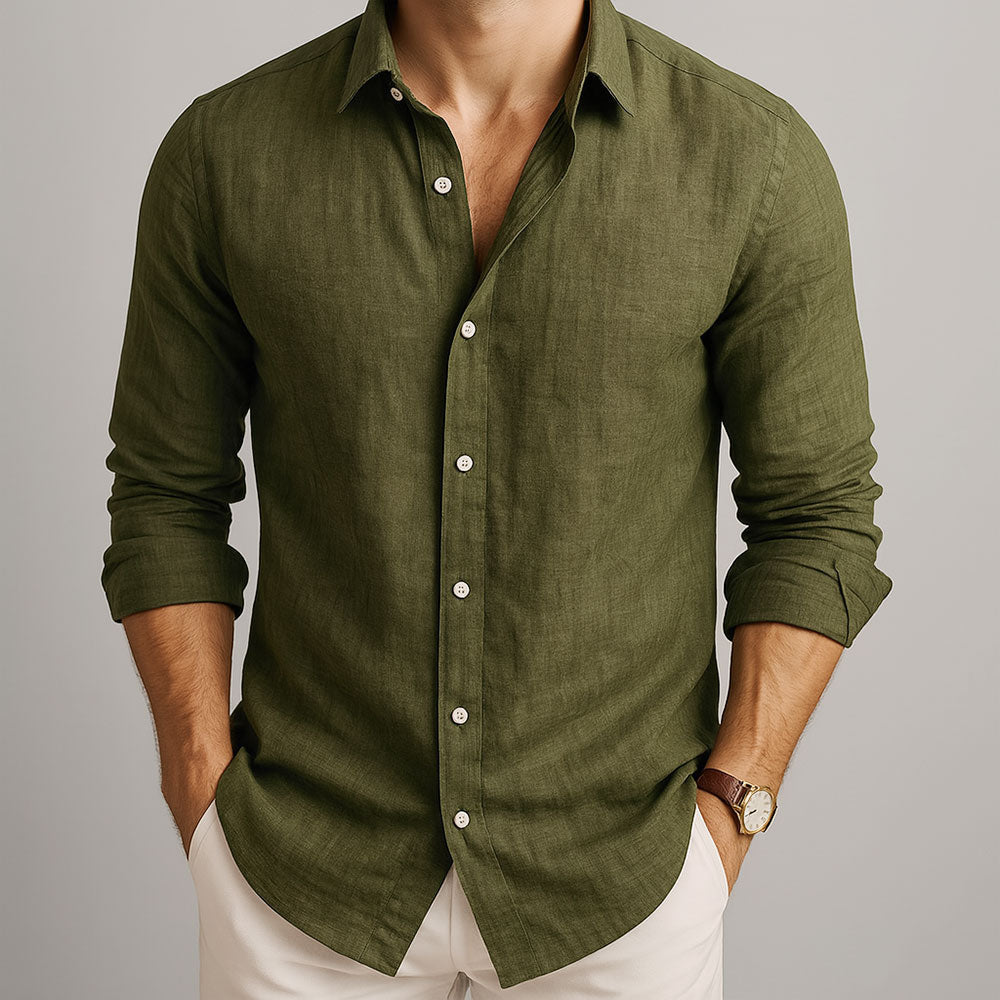 Men's Slim Fit Long Sleeve Linen-Look Polo with Classic Collar