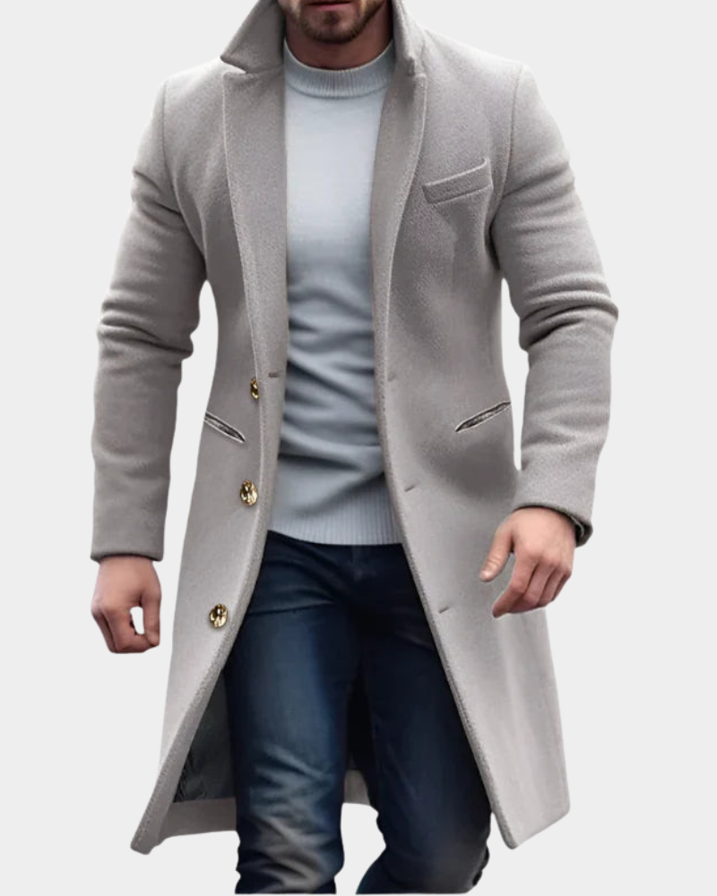 Men's Longline Overcoat with Notch Lapel and Button Fastening