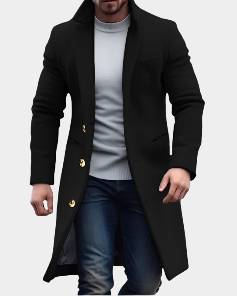 Men's Longline Overcoat with Notch Lapel and Button Fastening