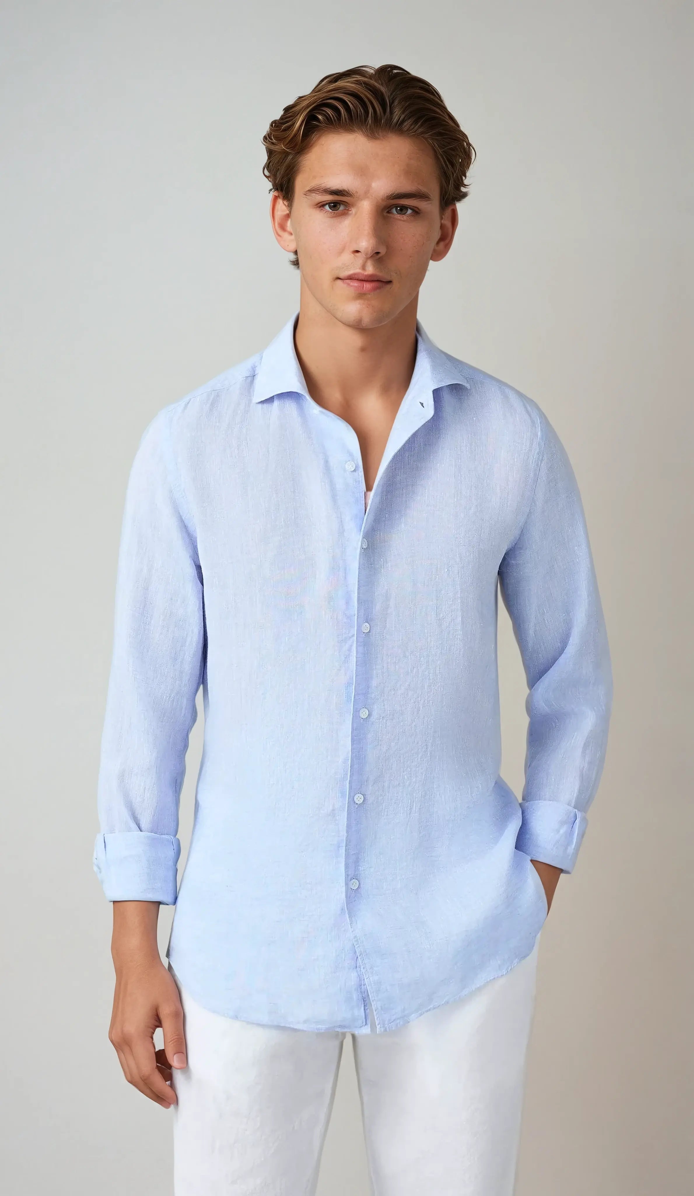 Men's Linen Shirt Camp Collar Long Sleeve Relaxed Fit Warm Weather