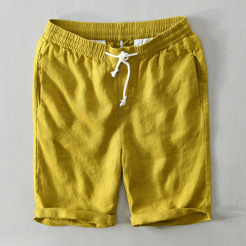 Men's Linen Shorts Elasticated Drawstring Waist Rolled Cuff Casual