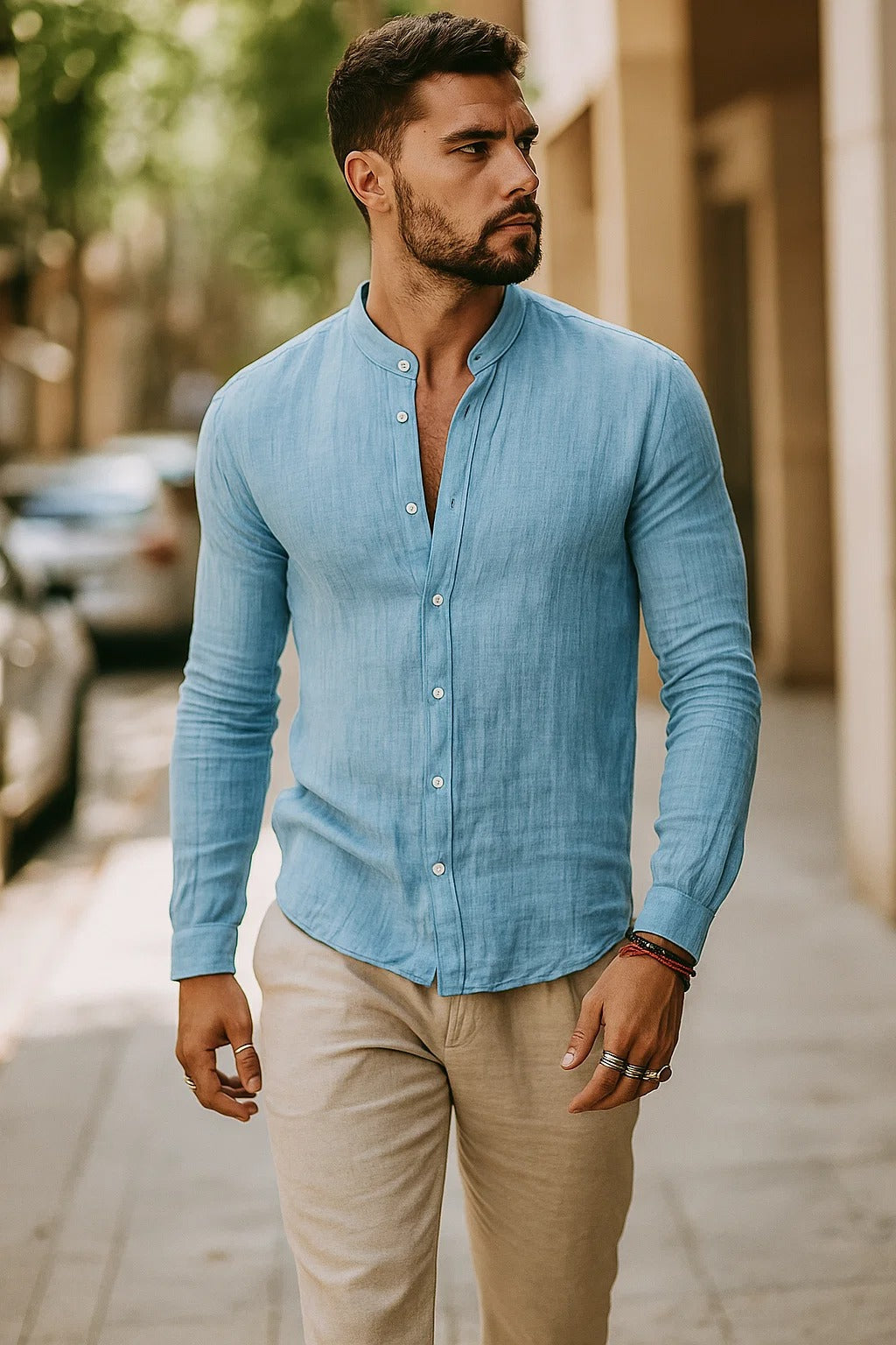 Three Quarter Sleeve Casual Shirt Men Linen Blend Relaxed Fit Holiday