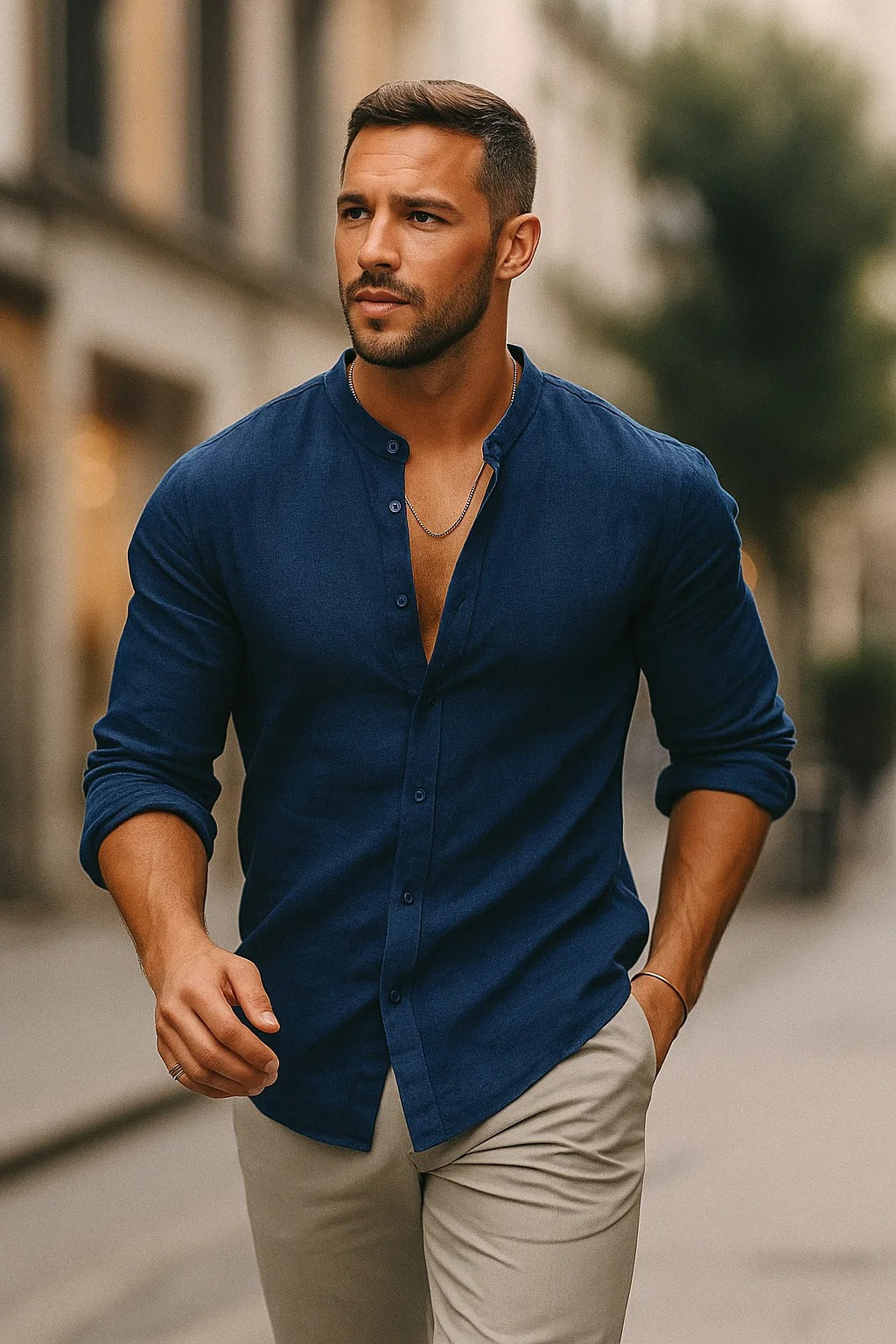 Three Quarter Sleeve Casual Shirt Men Linen Blend Relaxed Fit Holiday