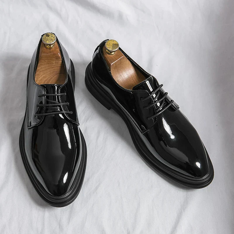 Patent Derby Dress Shoes Men Faux Leather High Gloss Lace Up Formal