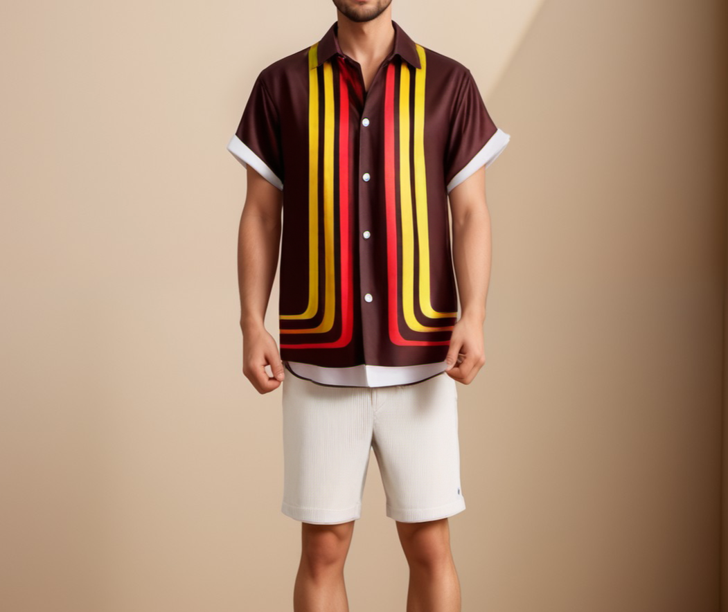 Button-Up Shirt with Vertical Stripe and Short Sleeves
