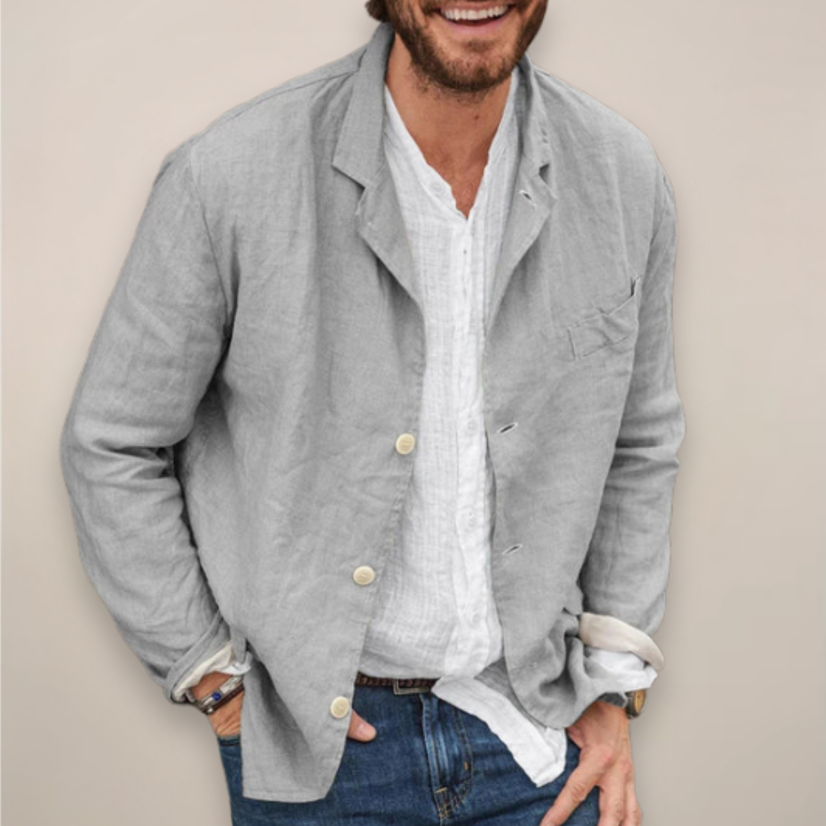 Men’s Unstructured Linen-Look Blazer with Notch Lapels and Patch Pockets