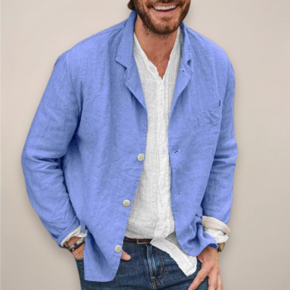 Men’s Unstructured Linen-Look Blazer with Notch Lapels and Patch Pockets