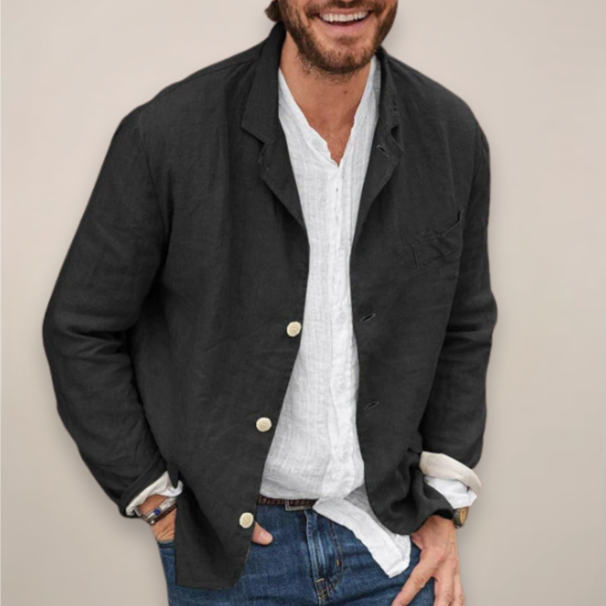 Men’s Unstructured Linen-Look Blazer with Notch Lapels and Patch Pockets
