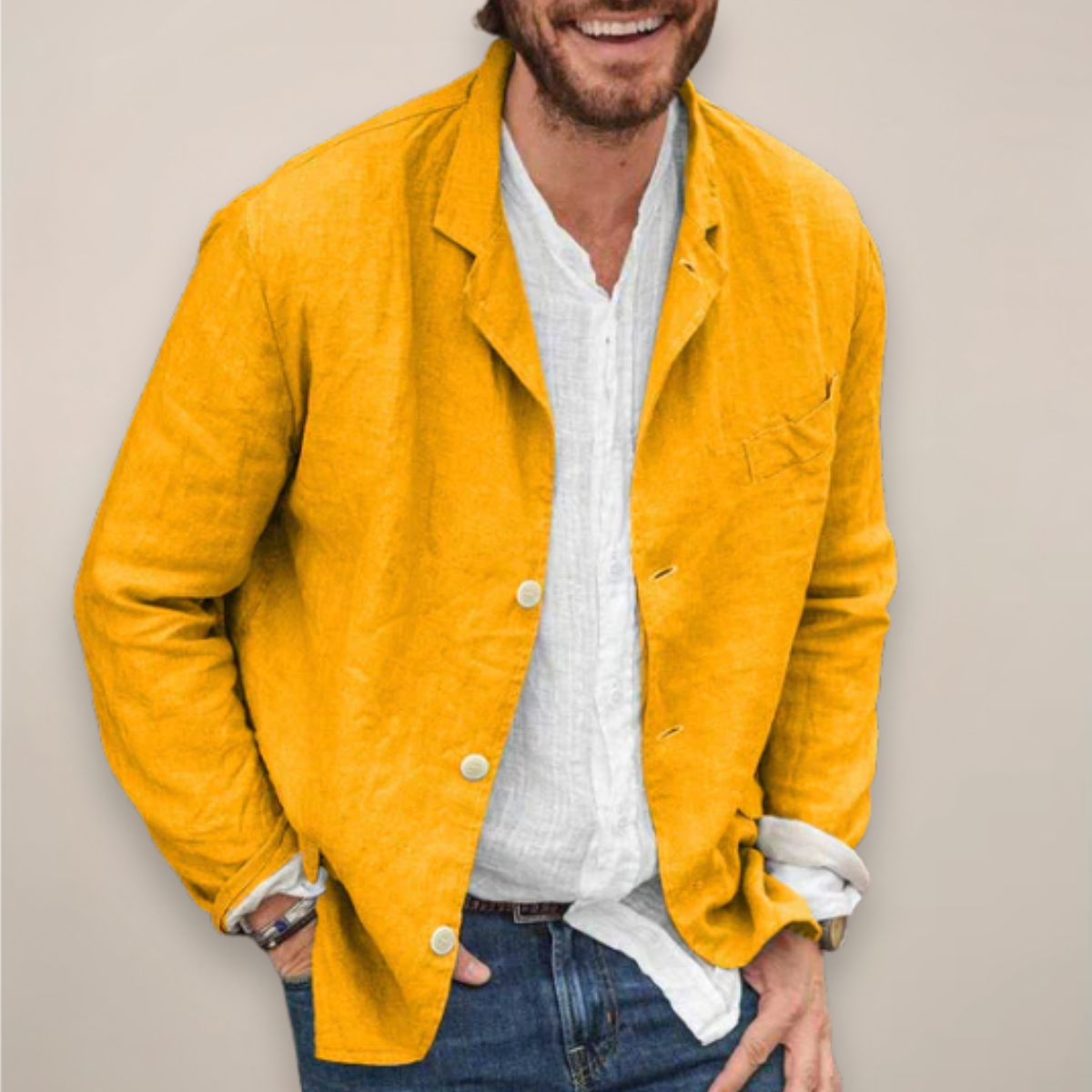 Men’s Unstructured Linen-Look Blazer with Notch Lapels and Patch Pockets