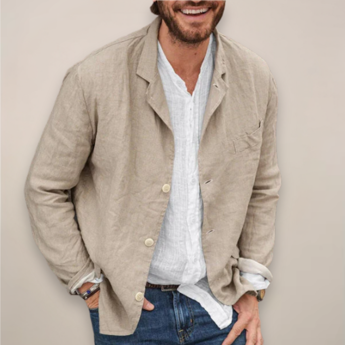 Men’s Unstructured Linen-Look Blazer with Notch Lapels and Patch Pockets