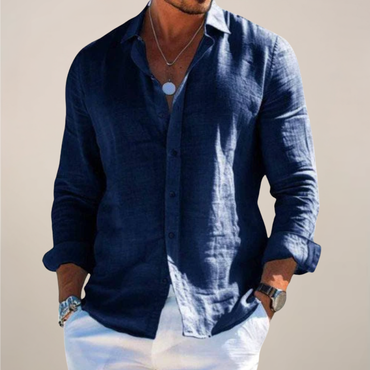 Long Sleeve Linen Blend Shirt Men Classic Collar Button Front Relaxed Fit