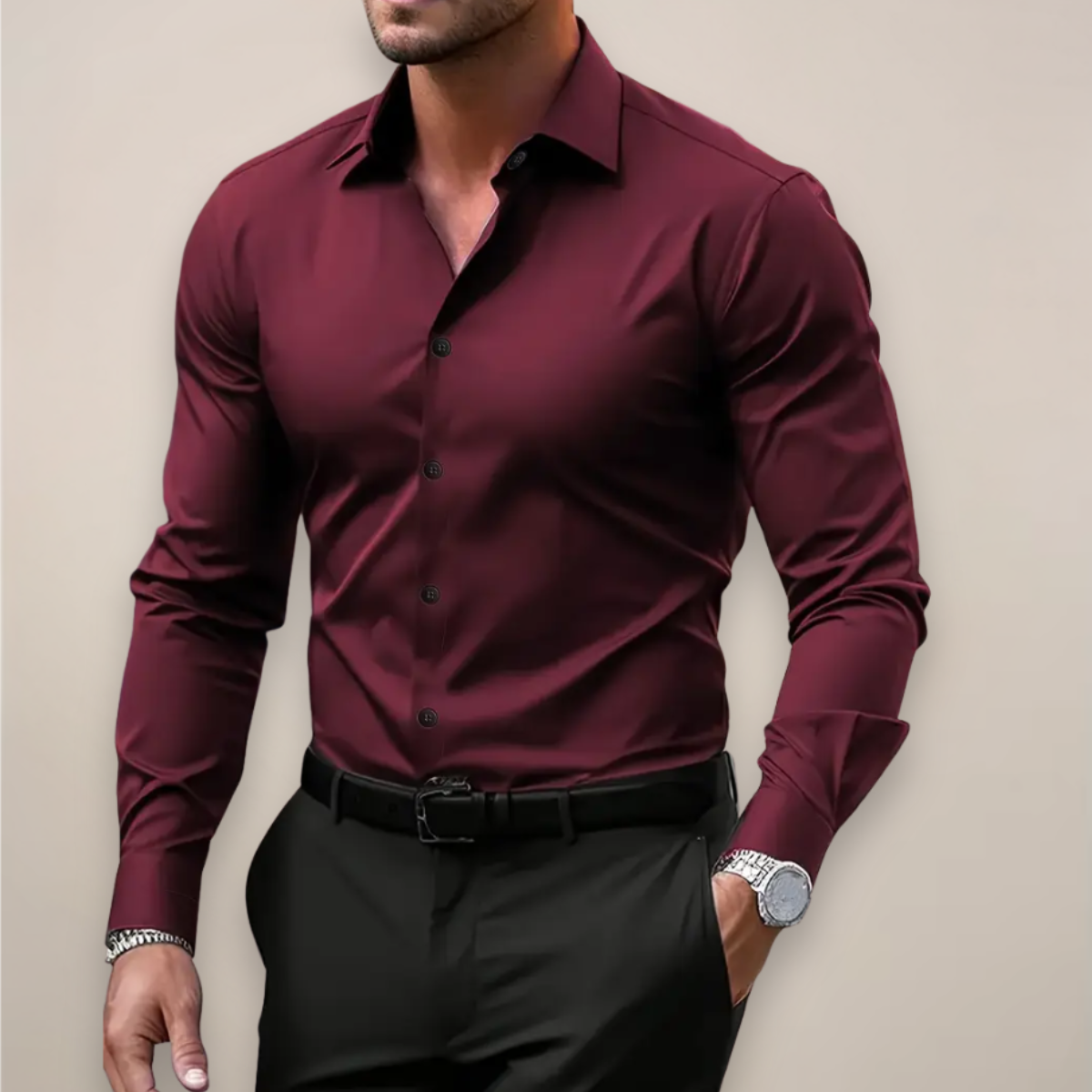 Long Sleeve Dress Shirt Men Notched Collar Button Placket Regular Fit