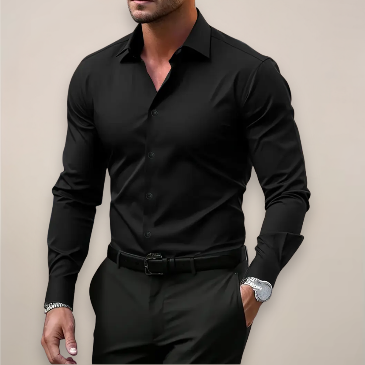 Long Sleeve Dress Shirt Men Notched Collar Button Placket Regular Fit