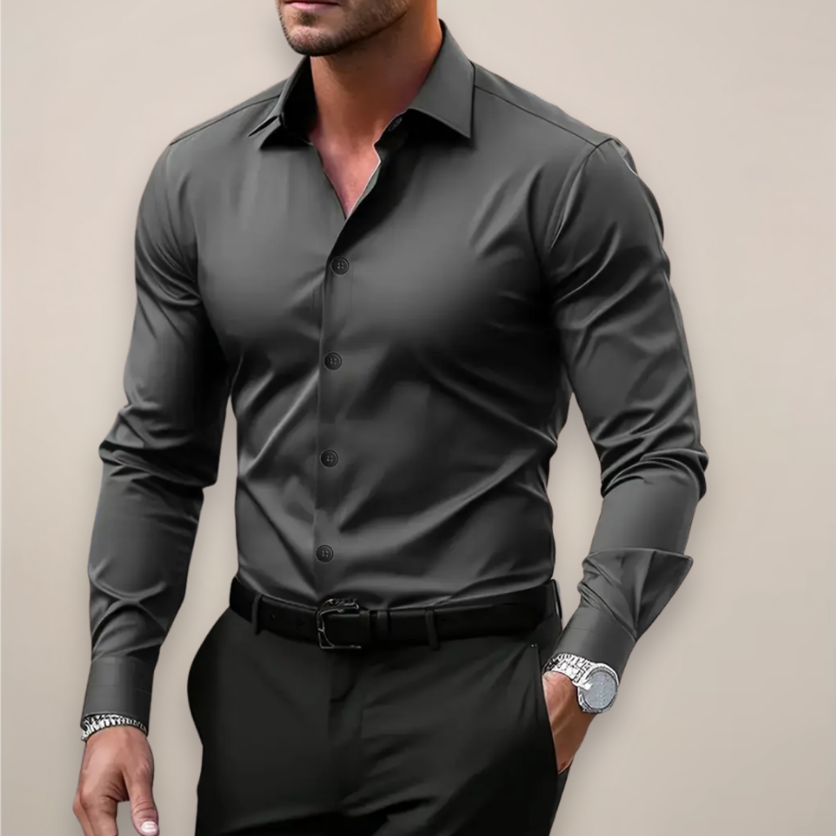 Long Sleeve Dress Shirt Men Notched Collar Button Placket Regular Fit