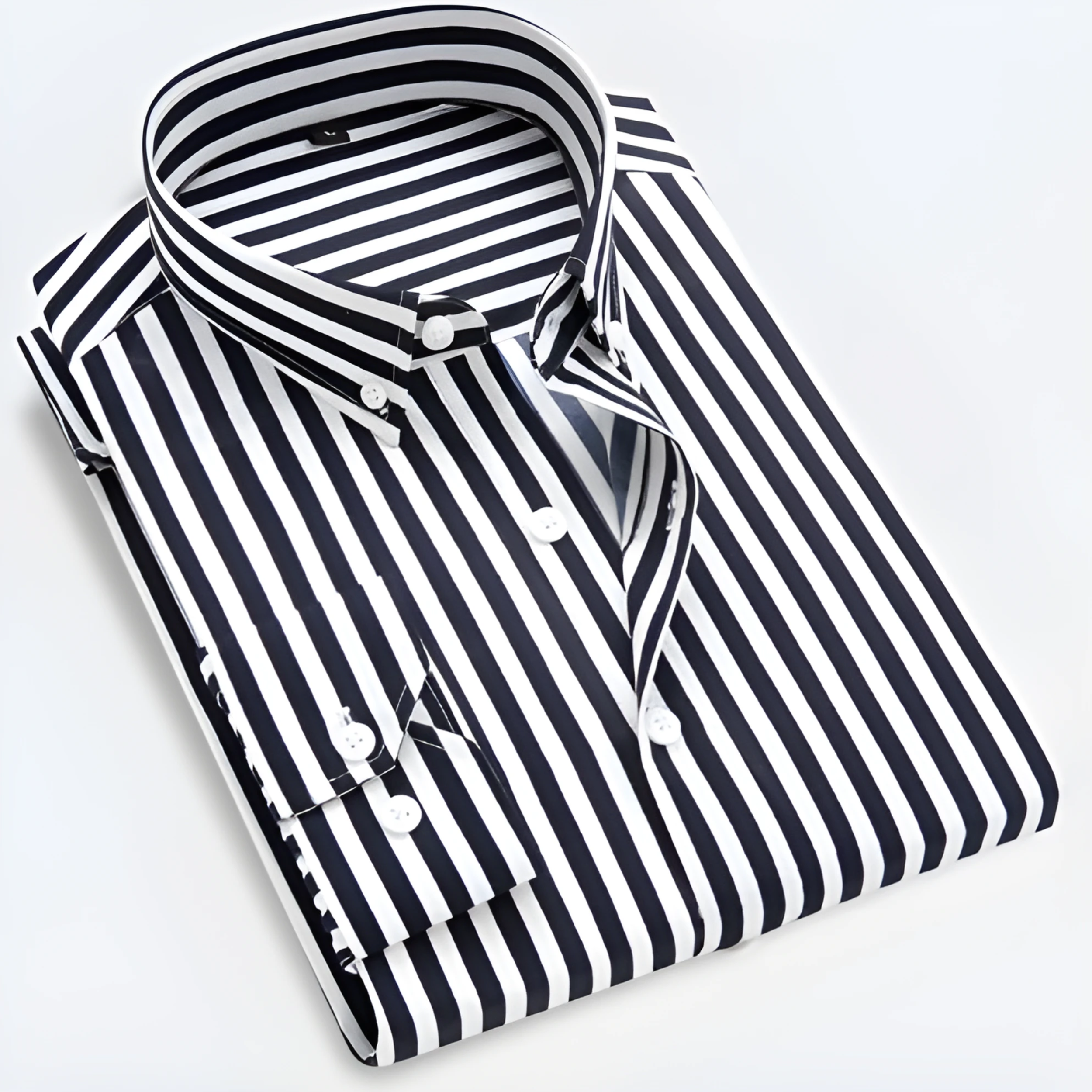 Striped Long Sleeve Shirt Men Woven Fabric Vertical Stripe Button Up Tailored Fit