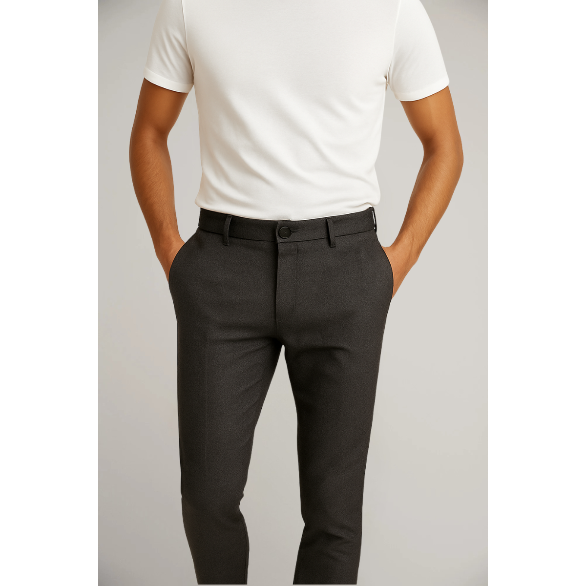 Tailored Flat Front Trousers Men Woven Fabric Classic Waistband Structured Fit