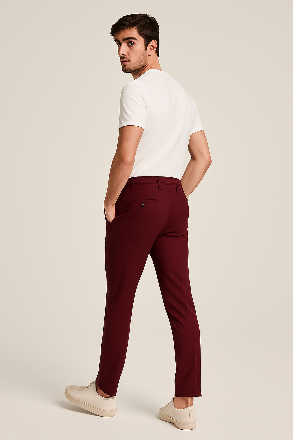 Tailored Flat Front Trousers Men Woven Fabric Classic Waistband Structured Fit