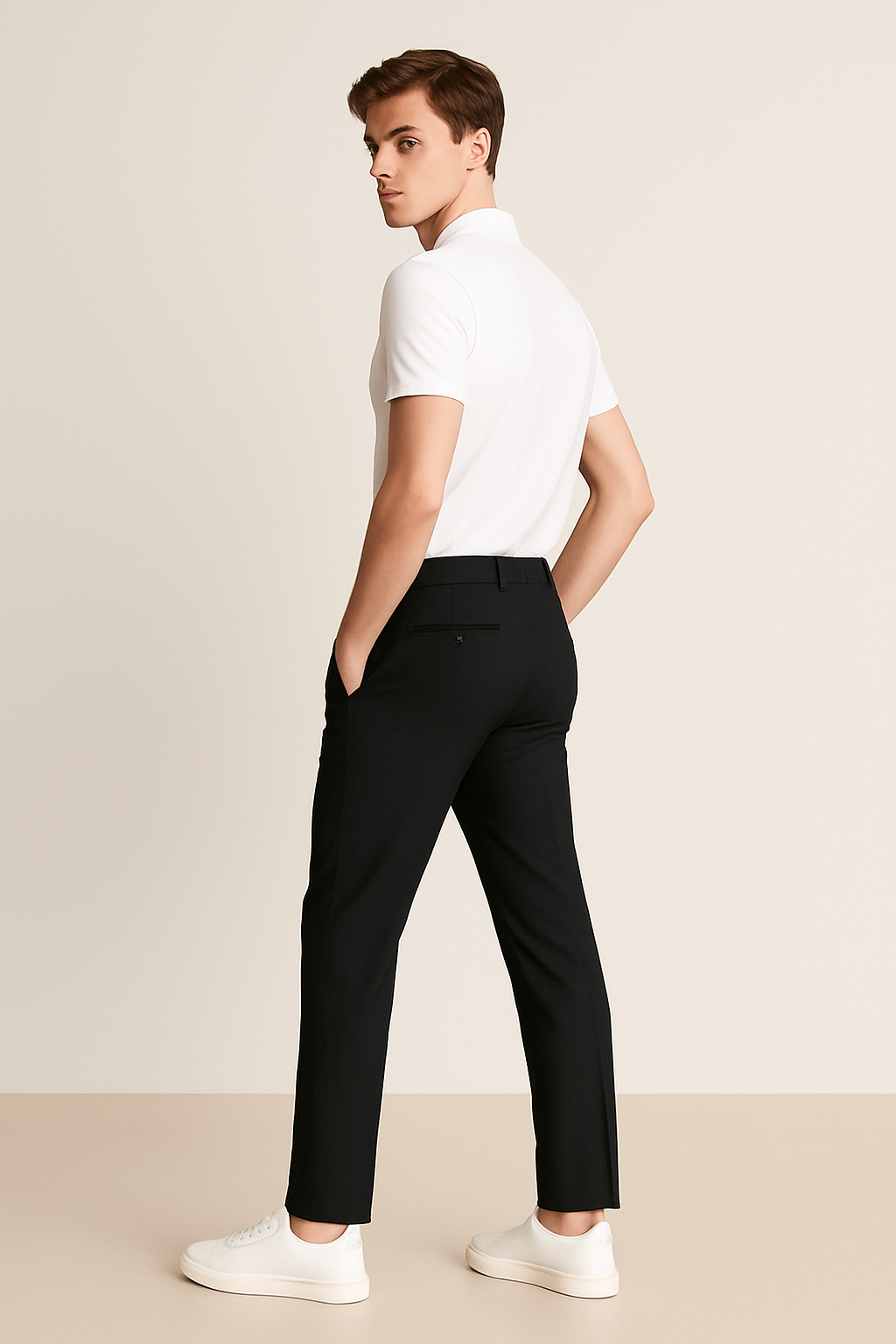 Tailored Flat Front Trousers Men Woven Fabric Classic Waistband Structured Fit
