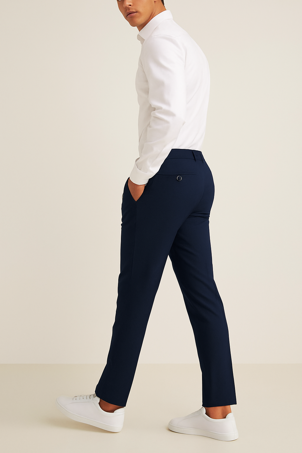 Tailored Flat Front Trousers Men Woven Fabric Classic Waistband Structured Fit