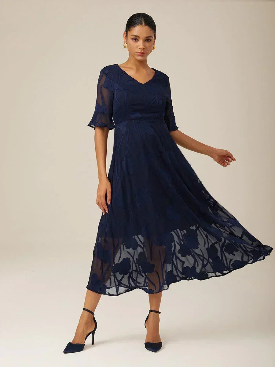 Elira / Womenâs Polyester Midi Dress with Sheer Floral Overlay