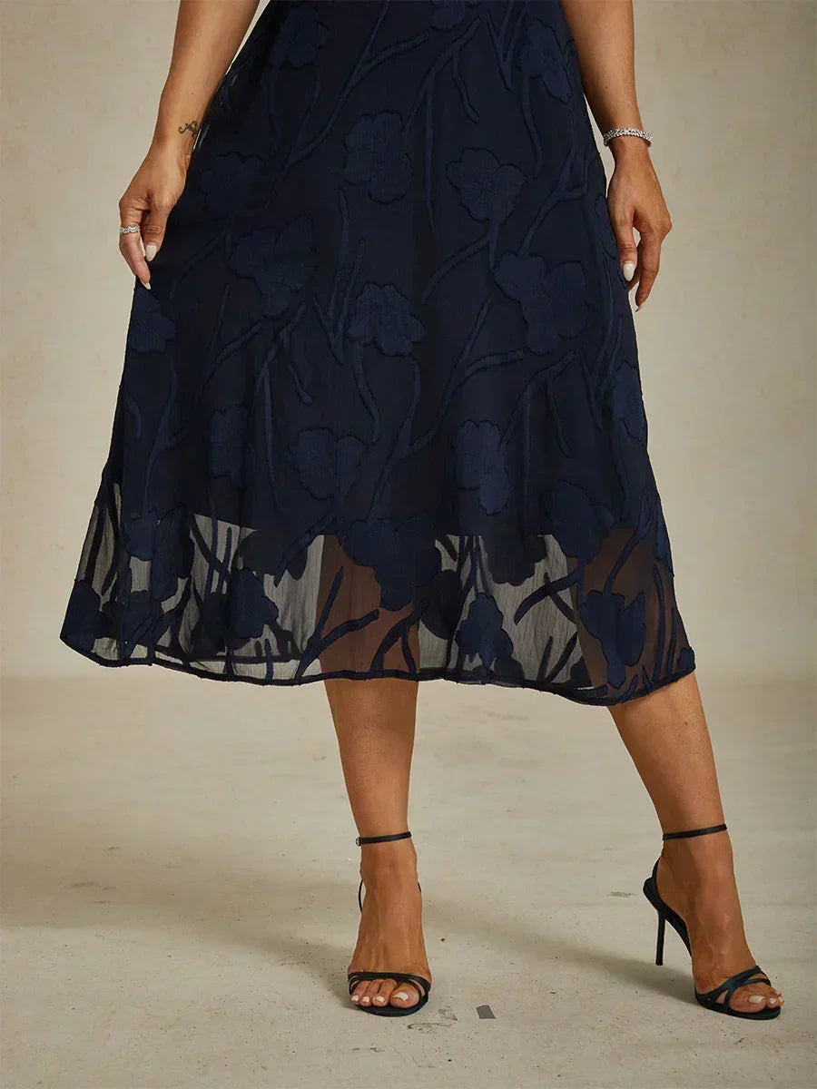 Elira / Womenâs Polyester Midi Dress with Sheer Floral Overlay