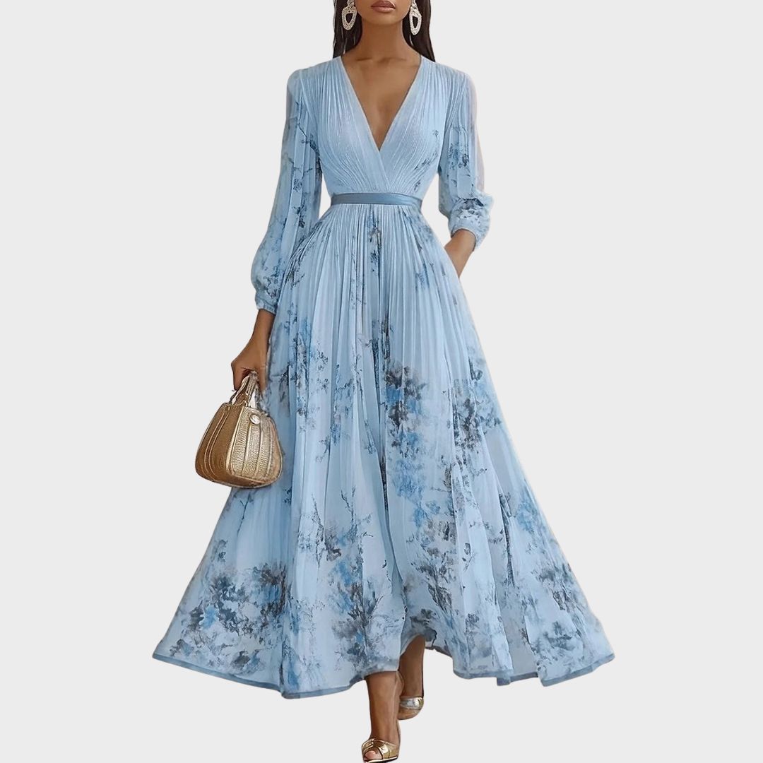 Women's Maxi Dress Cotton Pleated V Neck Floral Print