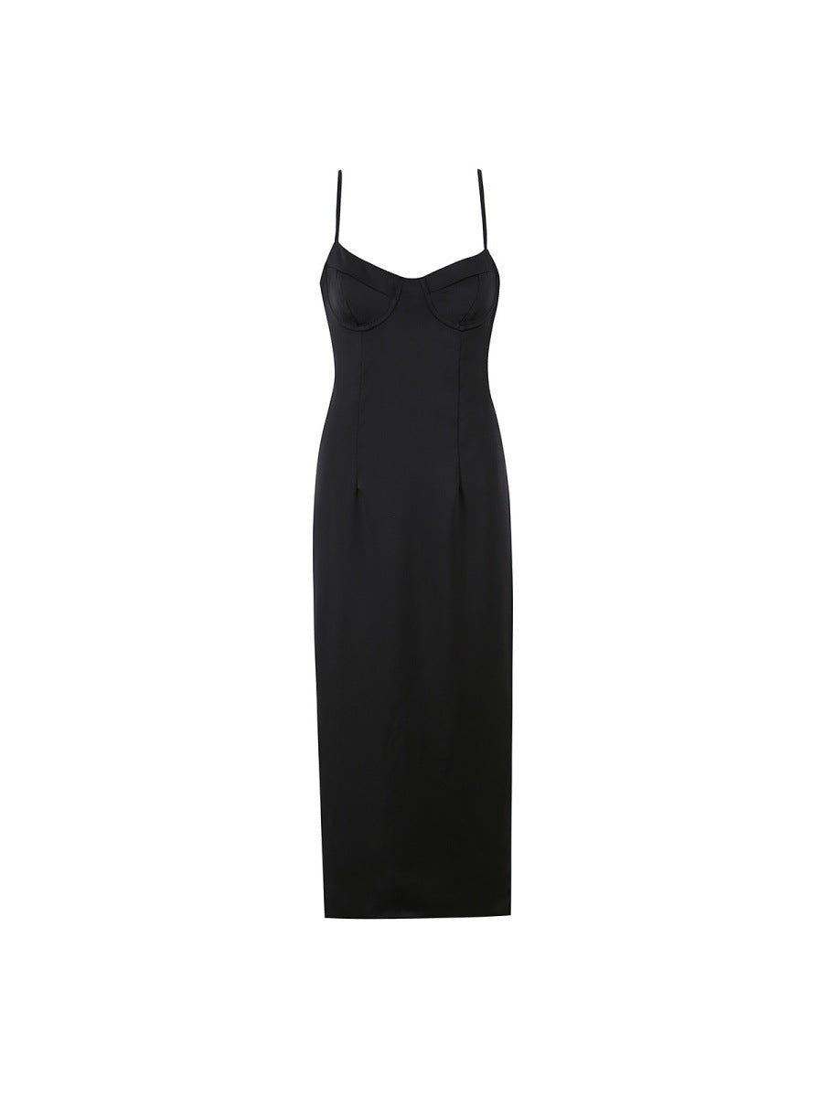 Women's Satin Slip Dress, Bodycon Midi with Adjustable Straps and Side Slit