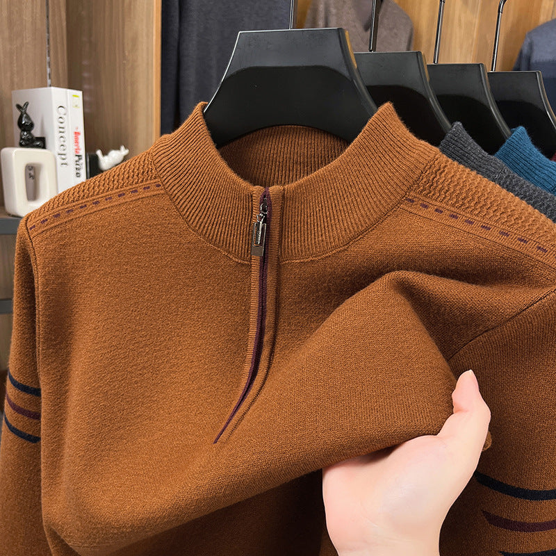 Men's Half Zip Turtleneck Jumper, Thick Ribbed Knit Funnel Neck Pullover