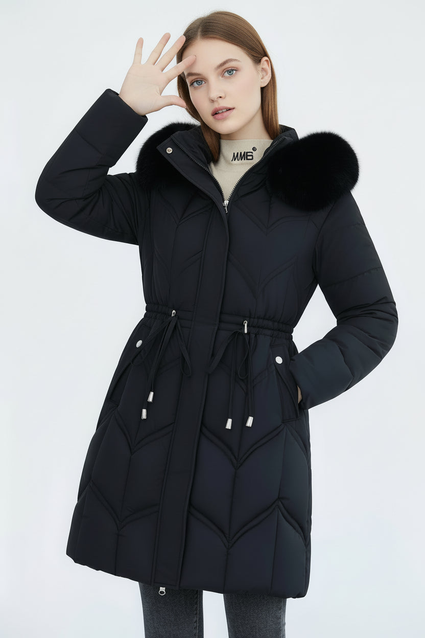 Puffer Coat in Faux Fur Long with Adjustable Waist