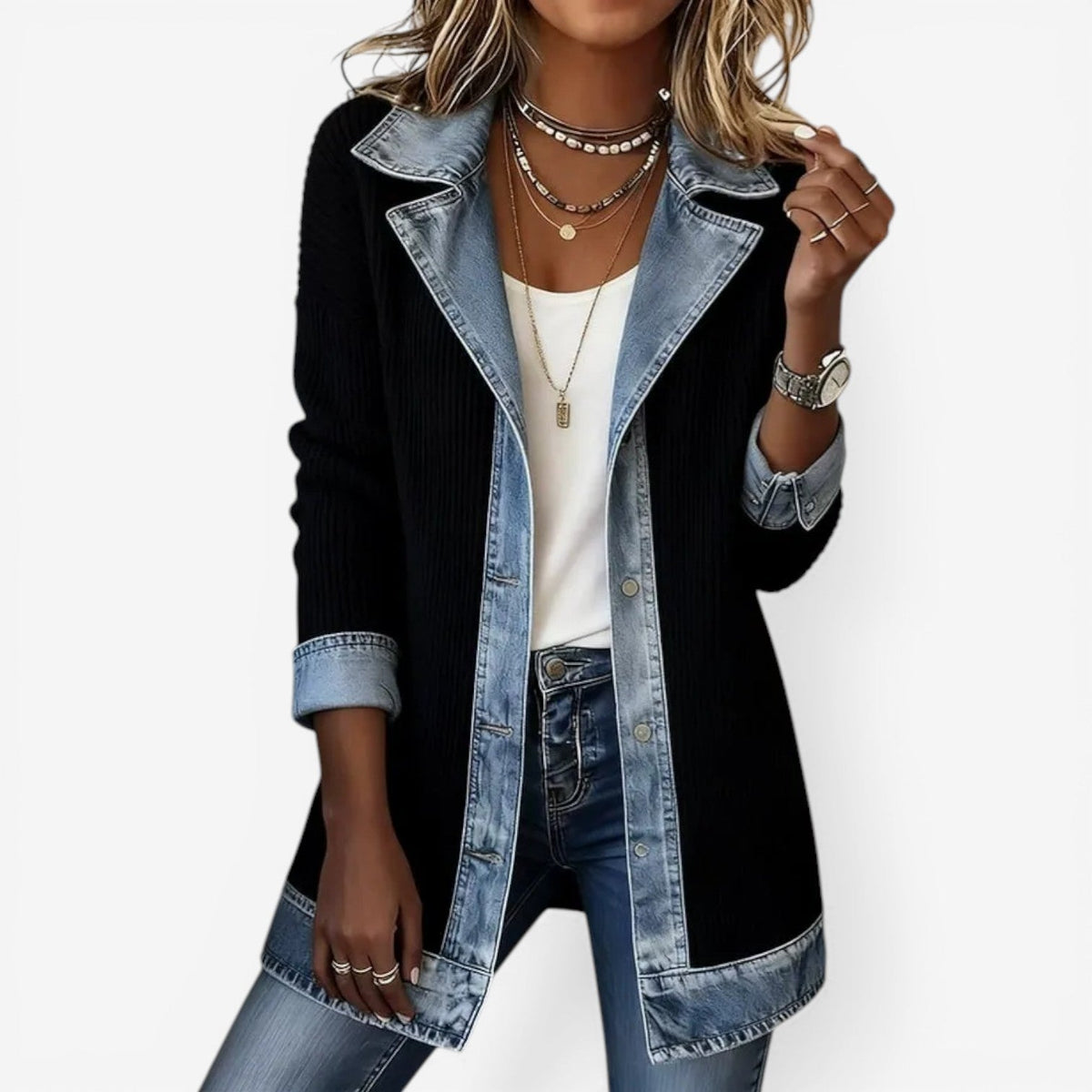 Women’s Knit Cardigan with Denim-Look Lapel Collar and Patchwork Trim