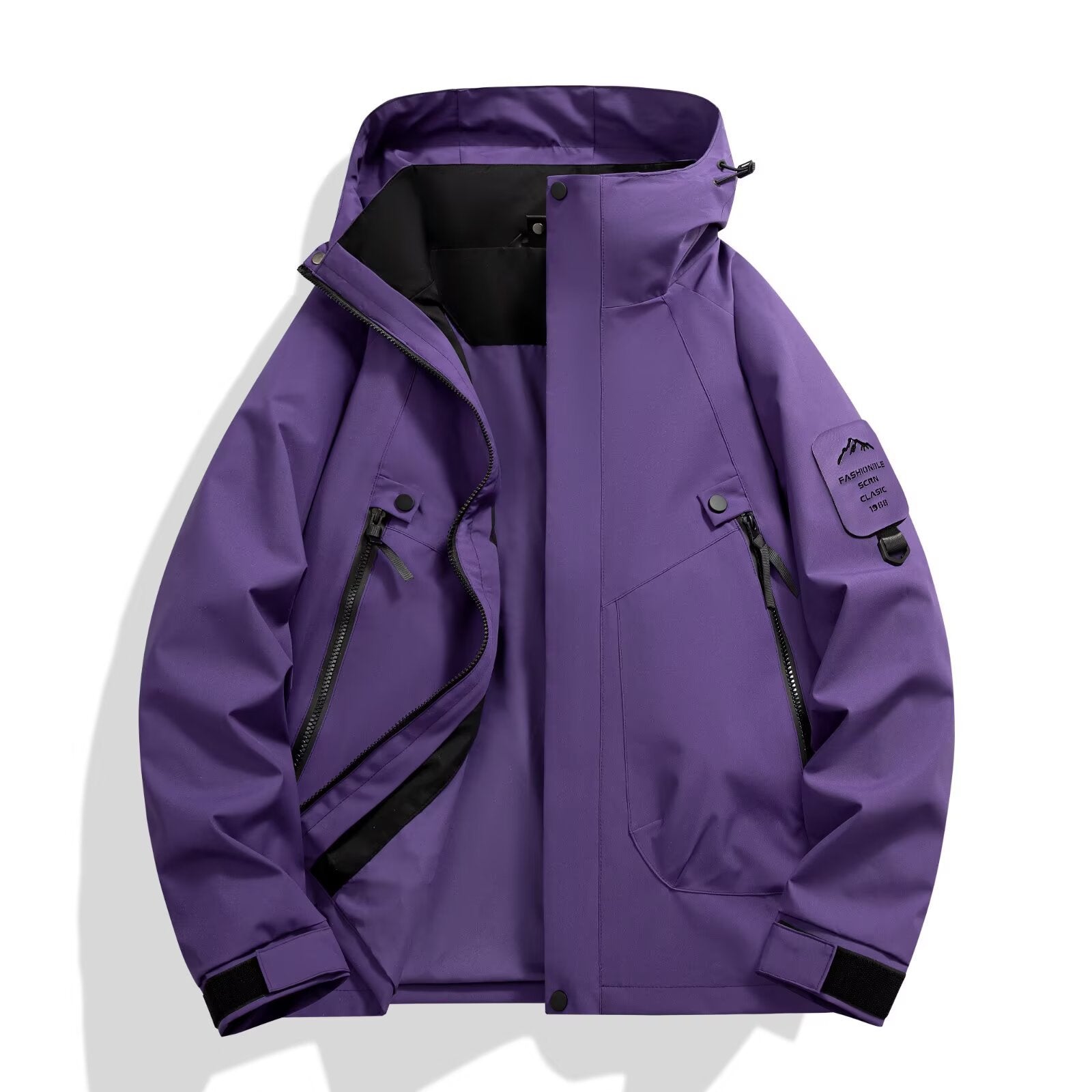 Men's Colour Block Hooded Jacket, Multi-Pocket Zip Up Outdoor Coat