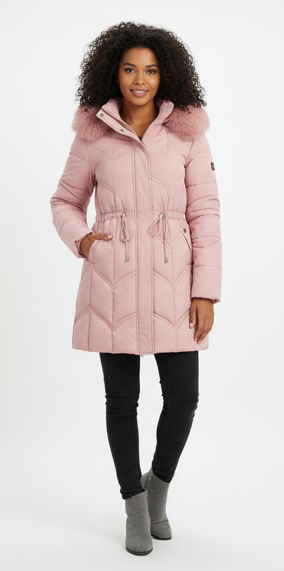 Puffer Coat in Faux Fur Long with Adjustable Waist