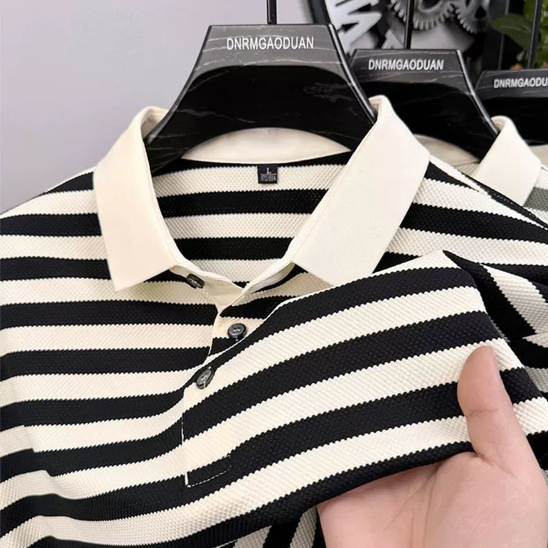 Men's Striped Polo Shirt, Contrast Collar Short Sleeve Knitted Top