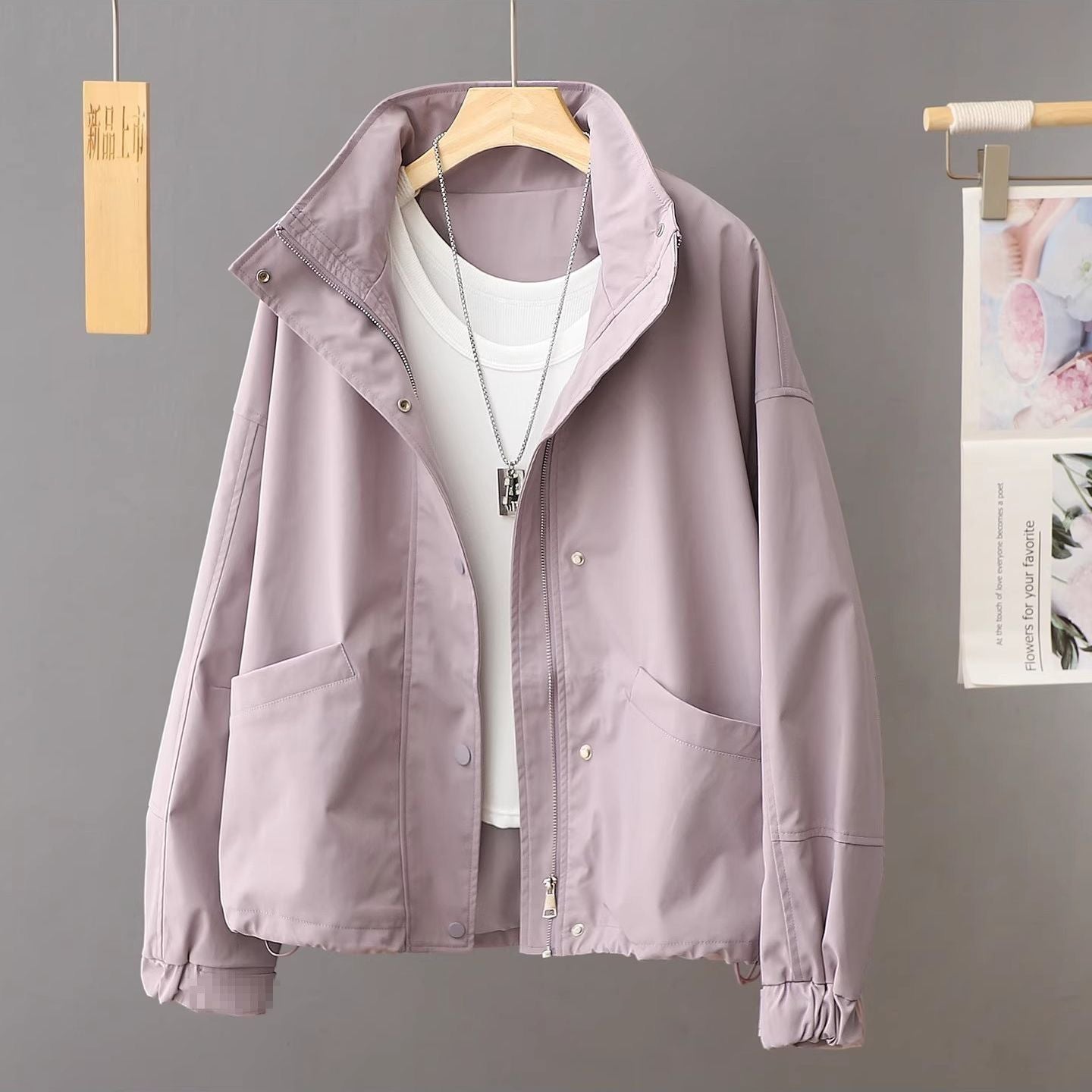 Women's Stand Collar Zip Jacket, Loose Fit Utility Coat with Patch Pockets