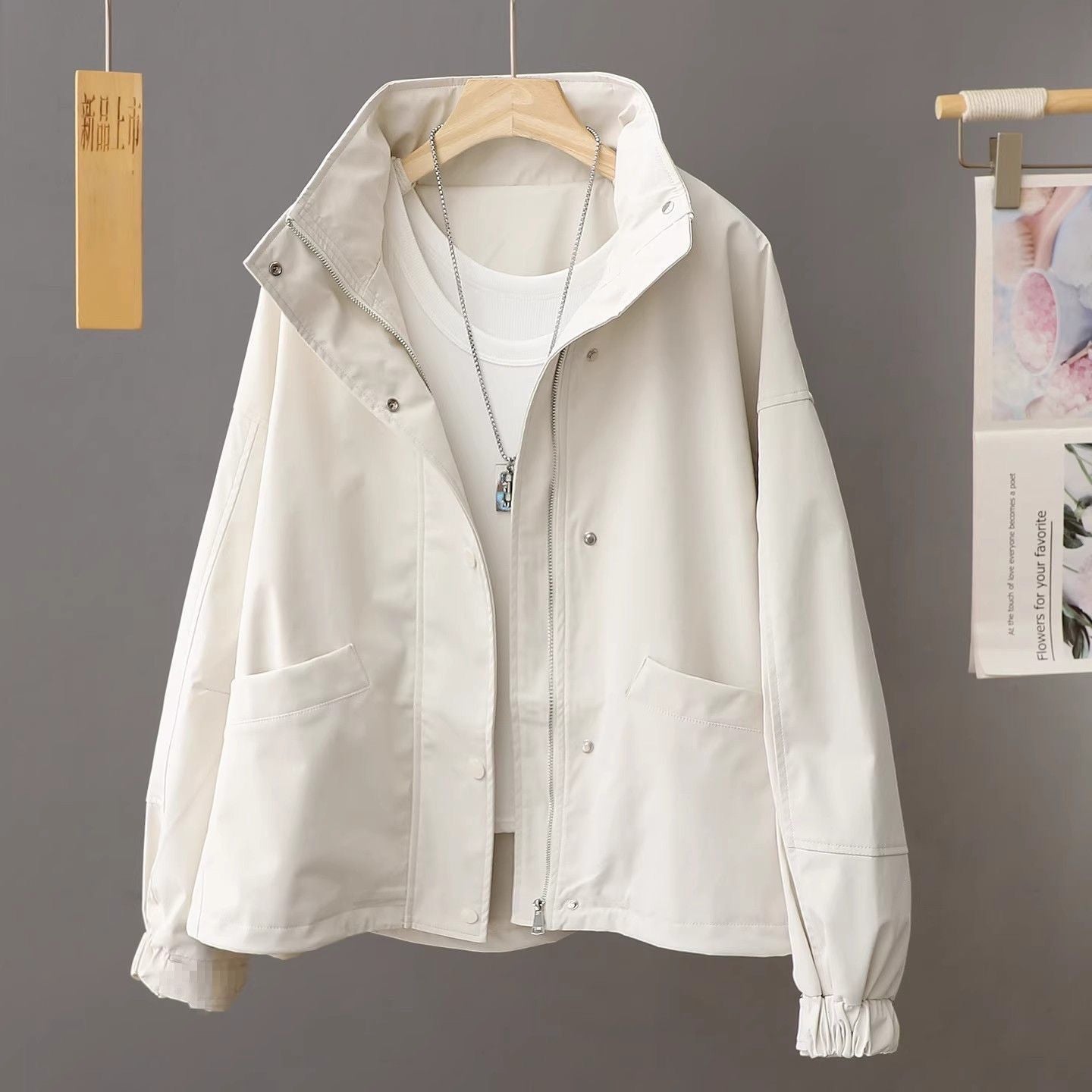 Women's Stand Collar Zip Jacket, Loose Fit Utility Coat with Patch Pockets