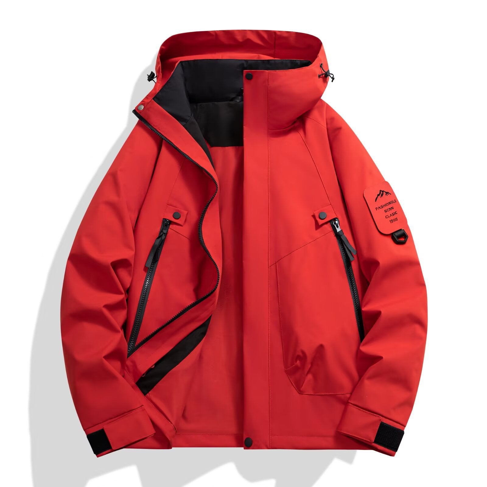 Men's Colour Block Hooded Jacket, Multi-Pocket Zip Up Outdoor Coat