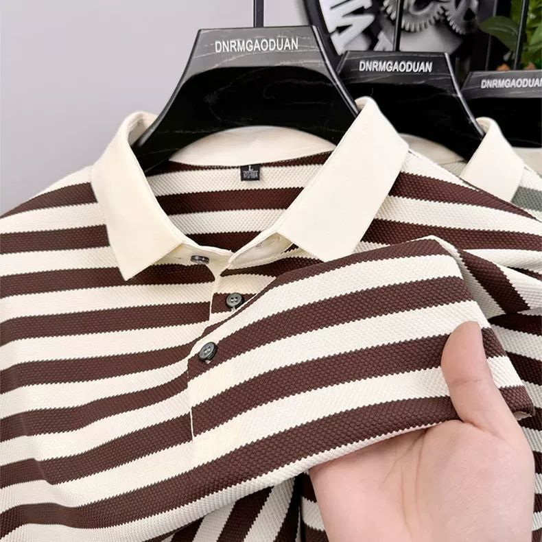 Men's Striped Polo Shirt, Contrast Collar Short Sleeve Knitted Top