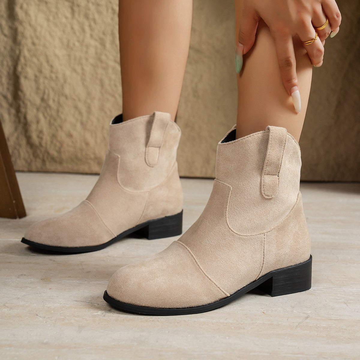 Women's Suede-Look Western Ankle Boots, Round Toe Slip-On Low Heel Booties