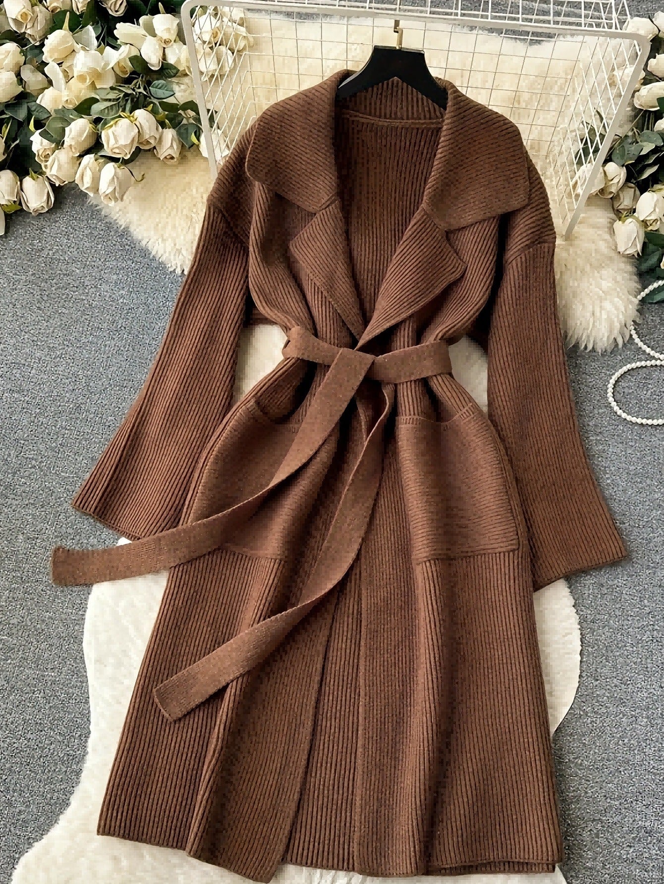 Women's Knit Cardigan Long Belted Wrap Style