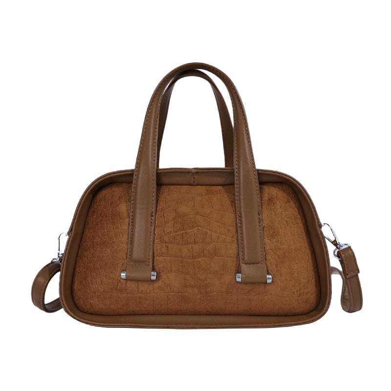 Women's Suede Bowling Bag, Structured Top Handle Crossbody Shoulder Bag