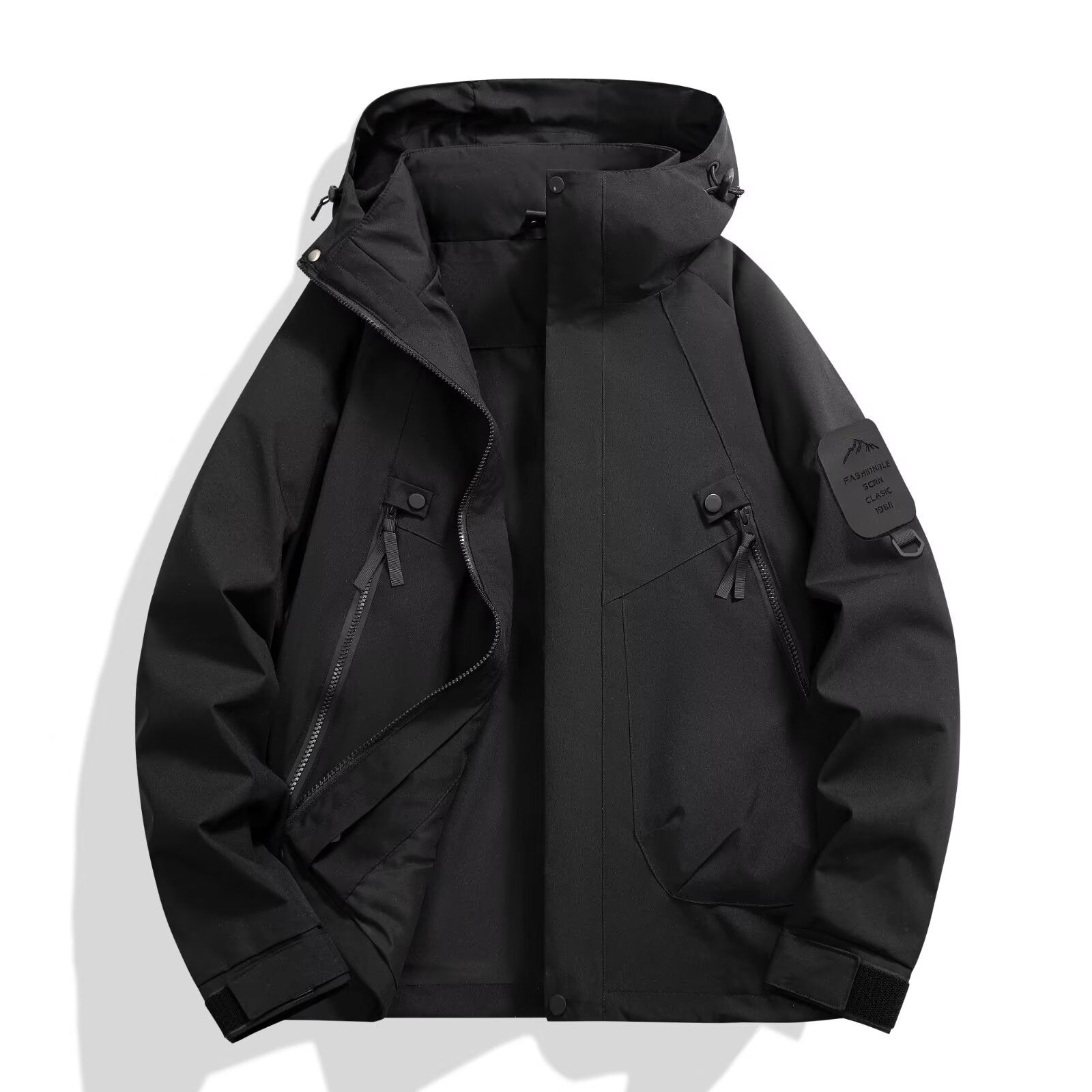 Men's Colour Block Hooded Jacket, Multi-Pocket Zip Up Outdoor Coat