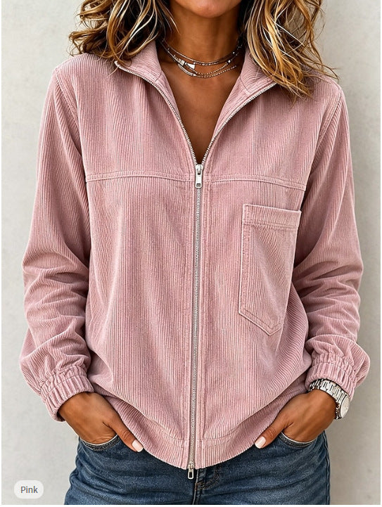 Women's Corduroy-Look Zip Jacket, Collared Casual Coat with Chest Pocket