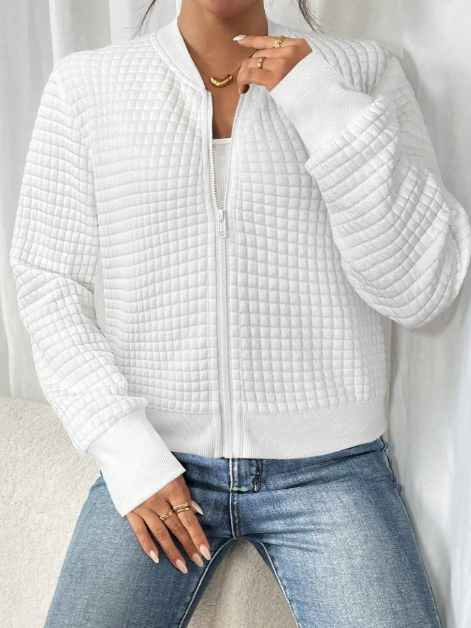 Women's Textured Bomber Cardigan, Open Front Crew Neck Knit Jacket with Ribbed Trim