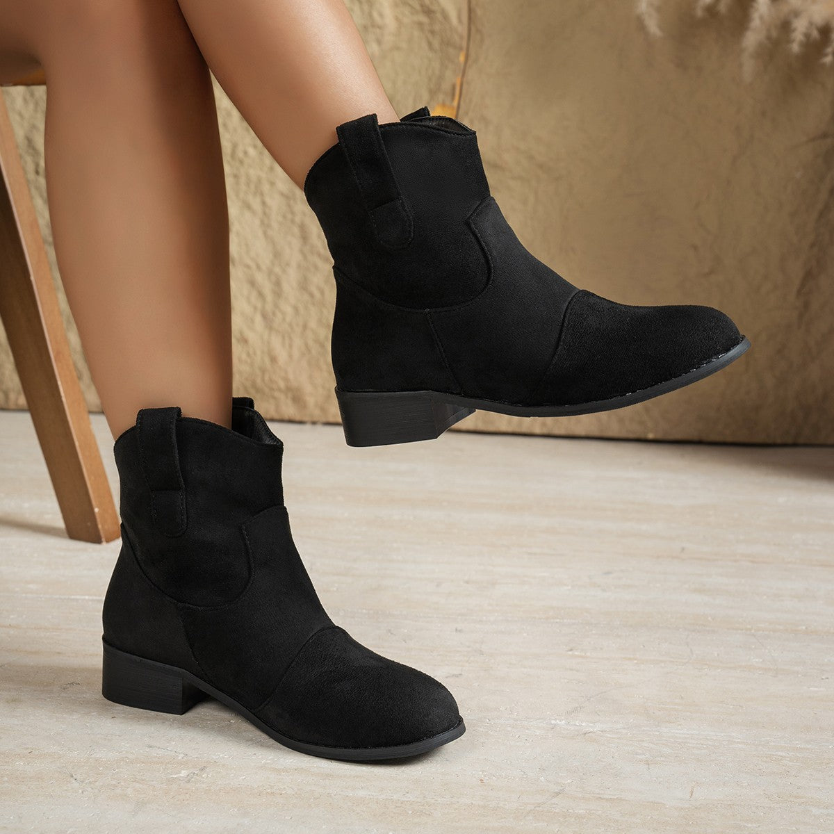 Women's Suede-Look Western Ankle Boots, Round Toe Slip-On Low Heel Booties