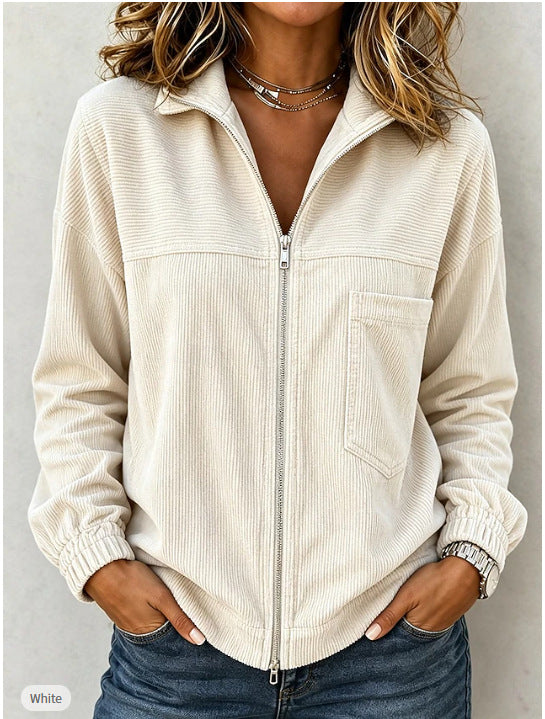 Women's Corduroy-Look Zip Jacket, Collared Casual Coat with Chest Pocket
