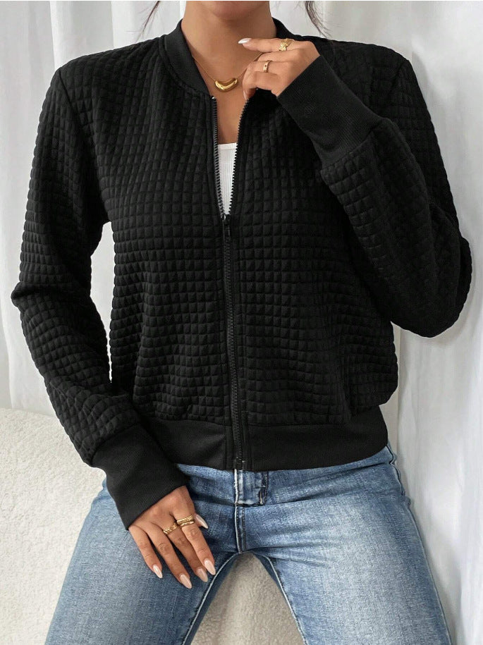 Women's Textured Bomber Cardigan, Open Front Crew Neck Knit Jacket with Ribbed Trim